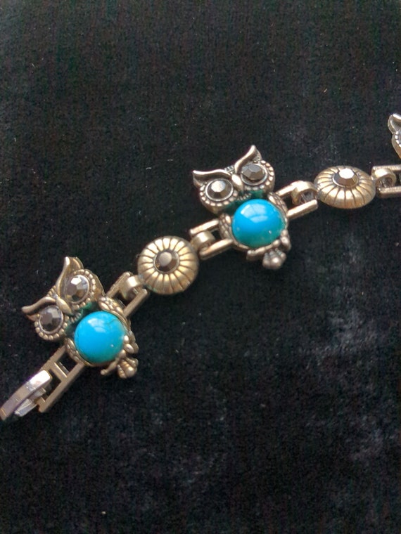 Vintage owl link bracelet/faux glass turquoise/sm… - image 8