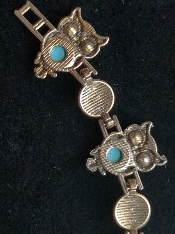 Vintage owl link bracelet/faux glass turquoise/sm… - image 10