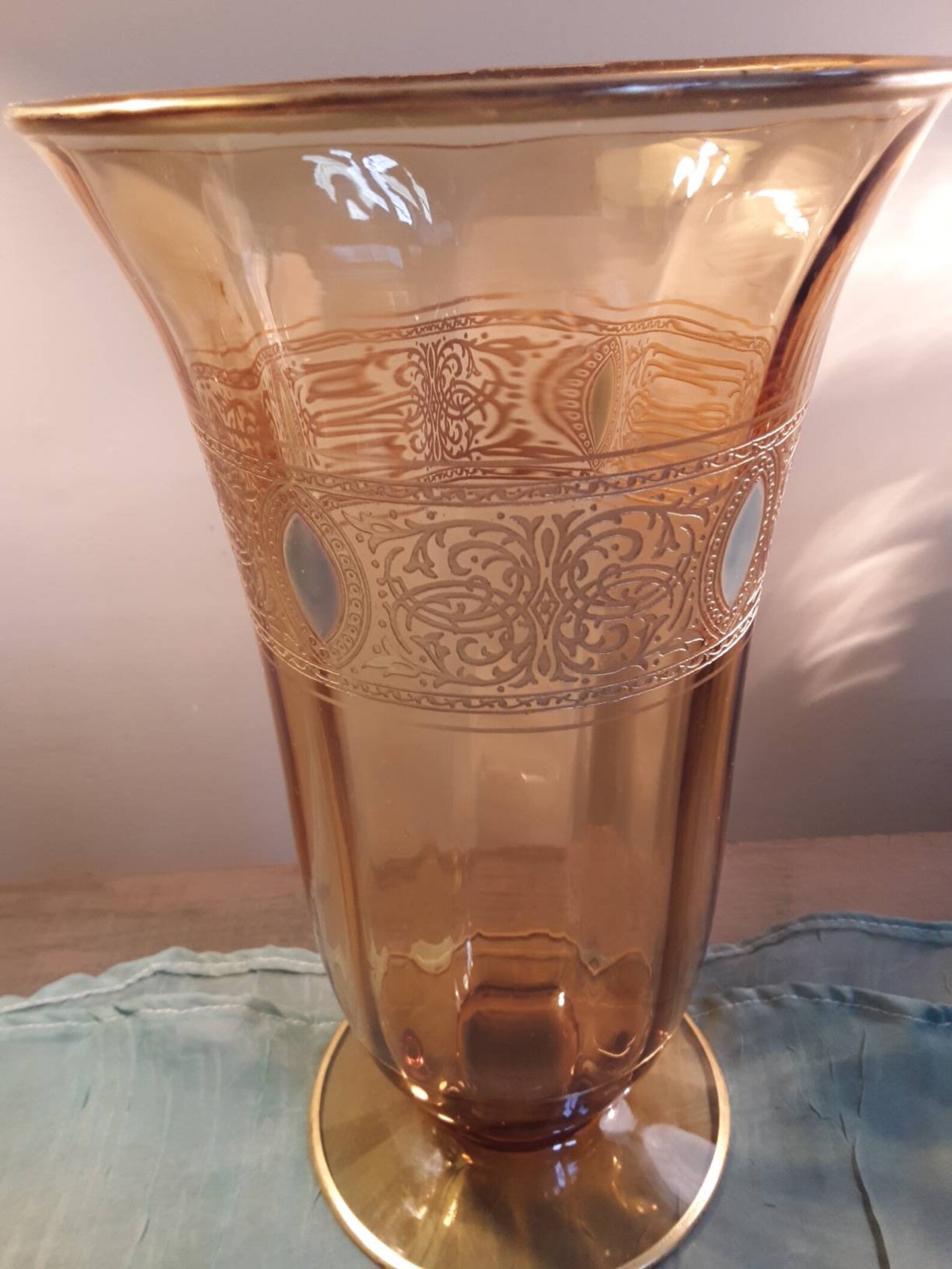 Beautiful Antique Moser Glass Pedestal Urn Vase. Amber/honey Colored