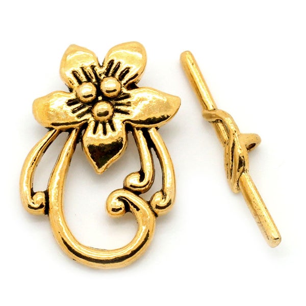 Toggle Clasp, Flower Design, Antique Gold Finish, (CLP-T-G-4), 4 sets