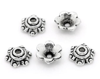 Antique Silver Finish 6 Petals Flower Bead Cap, 6 mm x 7 mm, fits 14 mm bead, 10 count (BC-14-AS-1)