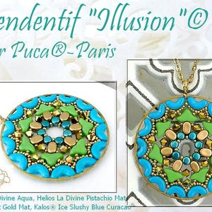 May include: A turquoise, green and gold beaded pendant necklace with a circular design. The pendant is labelled "Illusion" and is made by Puca. The beads are made of glass and are arranged in a geometric pattern. The necklace is made of gold-coloured metal.
