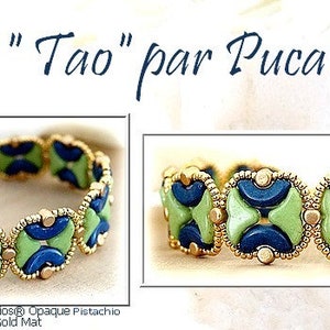 May include: A green, blue and gold bracelet with a magnetic clasp. The bracelet is made with small, square-shaped beads. The bracelet is labelled "Bracelet "Tao" par Puca®-Paris" and "涛" in Chinese characters.