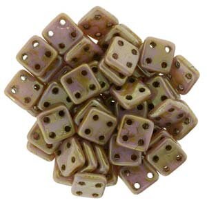 May include: A group of 50 iridescent, light brown square glass beads with four holes each. The beads have a subtle shimmer and a slightly textured surface.