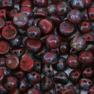 CzechMate Cabochon, Opaque Red Picasso, 2 Hole Bead, 7mm, 12 count, (T9320)