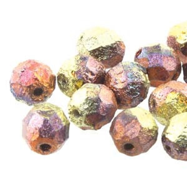 Fire Polish, Etched California Gold Rush, 4mm Round Bead, (98582), 40 count