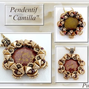 Könnte beinhalten: Eine goldene und braune Perlenkette mit dem Text "Pentitif "Camilla" und "Puca" auf dem Bild.