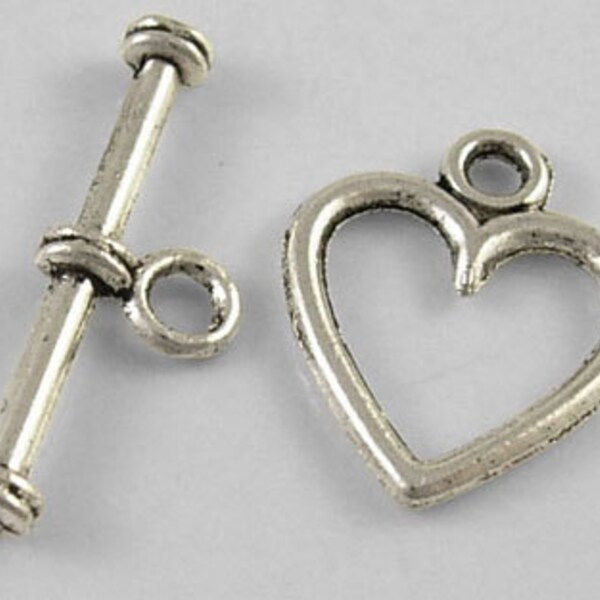 Antique Silver Finish Tibetan Style Heart Toggle Clasp (CLP-T-AS-1), 5 sets