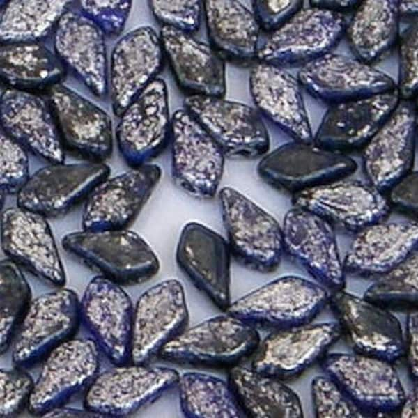 Kite Beads, Silver Splash Transparent Cobalt, 40 count, 9 x 5 mm 2-Hole Czech Bead, (30090-15481)