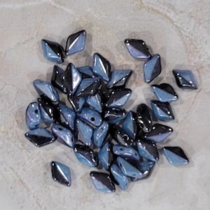 GemDuo Beads, Duet Black White Blue Luster, 40 count, 5 x 8 mm 2-Hole Czech Bead, (GD-03849-14464)