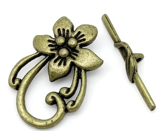 Toggle Clasp, Flower Design, Antique Brass, Antique Bronze Finish, (CLP-T-AB-6), 4 sets