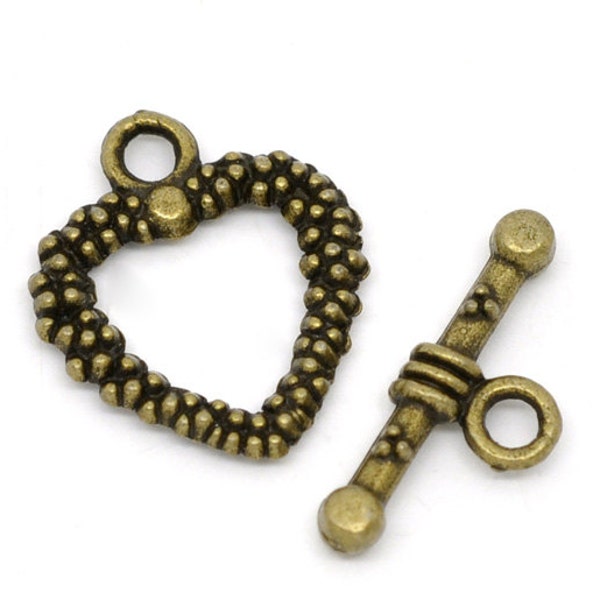 Antique Brass/Bronze Finish Heart Toggle Clasp (CLP-T-AB-4), 5 sets