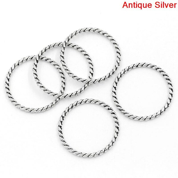 Antique Silver, Twisted, Closed, Soldered Jump Rings, Connector, 26 mm (1" diam.), 10 count (JRC-26-AS)