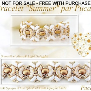 May include: A white and gold beaded bracelet with the text "NOT FOR SALE - FREE WITH PURCHASE Bracelet "Summer" par Puca®" at the top of the image. The bracelet is made with white and gold beads and has a delicate, feminine design.