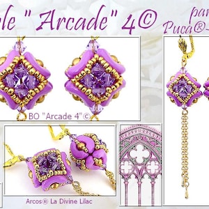 May include: Purple and gold beaded earrings with a square design and a long gold chain. The earrings are labelled "Perle "Arcade" 4@ Puc@-Paris" and "BO "Arcade 4" c".