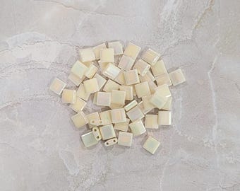 Miyuki Tila Bead, Ivory Pearl Ceylon AB, 2-Hole, 5 x 5 mm, 2-Hole Czech Bead, (TL486)