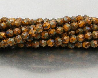 Fire Polish, Sunflower Yellow Picasso, 3mm Round Bead, Czech Pressed Glass, (T93110), 50 count