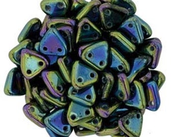 May include: A bulk pack of iridescent green and blue triangle shaped glass beads with two holes each. The beads are approximately 10mm in size.