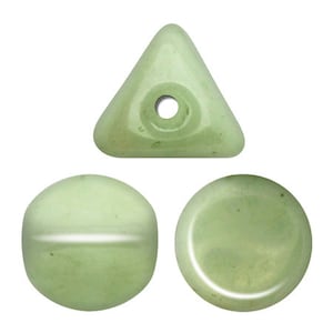 May include: Three green jade gemstone beads, one triangle shaped with a hole, one round with a flat top and one round with a flat bottom.