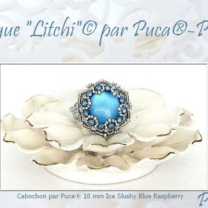 Può includere: Un anello d'argento con una pietra di cabochon blu incastonata in una lunetta esagonale. La pietra è circondata da perline blu più piccole. L'anello è su un espositore bianco. Il testo "Bague "Litchi"® par Puca®-Paris" è sopra l'anello. Il testo "Cabochon par Puca® 18 mm Ice Slushy Blue Raspberry" è sotto l'anello. Il testo "Puca®" è nell'angolo in basso a destra dell'immagine.