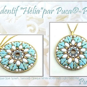 May include: A gold necklace with a round pendant featuring a blue and white mosaic design. The pendant is made of small beads and has a gold frame. The necklace is labelled "Pendentif "Hélia" par Puca®-Paris" and "Hélios® Aqua Opal Splash, Samos® Opaque White et Minos® Light Gold Mat".