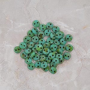 CzechMate Lentil, Opaque Turquoise Picasso, 2 Hole Bead, (T6313),  50 count