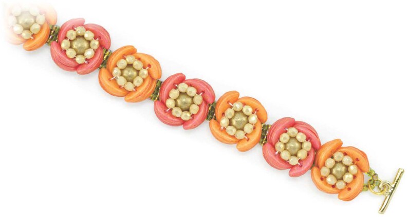 May include: A bracelet made of orange and pink beads with gold accents. The beads are arranged in a flower shape.