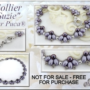 May include: A necklace design named "Suzie" by Puca. The jewelry features a floral pattern with lavender-colored beads and silver accents. The image shows close-ups of the necklace, including the clasp and various angles of the design.