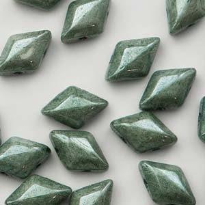May include: A group of green diamond-shaped glass beads with a slightly iridescent finish.