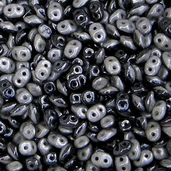 SuperDuo Duets, Black White Grey Luster, 2 hole Beads, (duo503849-14449), 2.5mmx5mm, 9 grams