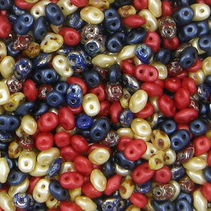 SuperDuo, Old Glory, 2 hole Beads, (duo5mix128), 2.5mmx5mm, 9 grams
