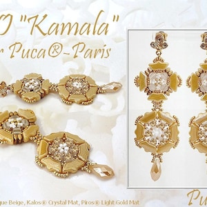 May include: Gold and white beaded earrings with a floral design. The earrings are labelled "BO "Kamala" par Puca®-Paris".