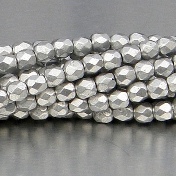 Fire Polish, Matte Silver (Aluminum), 3mm Round Bead, (1700), 50 count