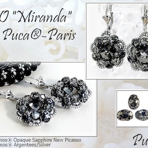 May include: A pair of black and silver earrings with a floral design. The earrings are made with opaque sapphire beads and silver-plated findings. The earrings are labeled "BO "Miranda" par Puca®-Paris".