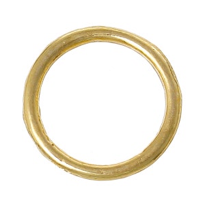 May include: A gold-colored metal ring, circular in shape, with a slightly uneven surface. The ring is set against a white background, highlighting its simple design and metallic sheen. The ring's form suggests its use as a jewelry component or decorative element.