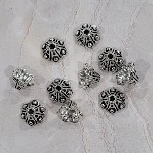 Bead Cap, Flower Dot Bead Cap, Antique Silver Finish Bead Cap, 10 mm x 5 mm, fits 8-10 mm bead, 10 count (BC-8-AS-2)