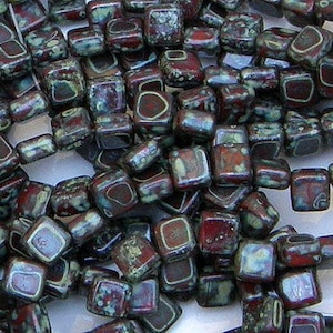 Red Dark Travertine (Picasso) Tile, Mini, 5mm, 2 Hole Bead, 30 count, (tile-93210-86805)