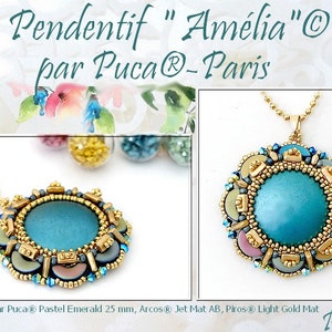 May include: A teal blue pendant necklace with a gold chain and a beaded design. The pendant is made with a 25 mm round cabochon and features a gold, blue, and green color scheme. The pendant is labeled "Amélia" and "Puca® - Paris".