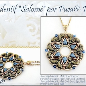 Pode incluir: Um colar de ouro com um pingente redondo que apresenta um design geométrico com contas azuis e verdes. O pingente é feito pela Puca® e se chama "Salomé".