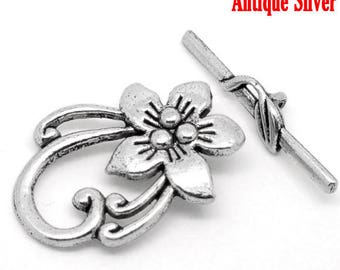 Toggle Clasp, Flower Design, Antique Silver Finish, (CLP-T-AS-4), 4 sets