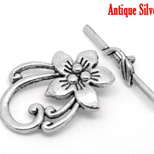 Toggle Clasp, Flower Design, Antique Silver Finish, (CLP-T-AS-4), 4 sets