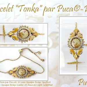 May include: A gold beaded bracelet with a beige and brown spotted cabochon. The bracelet is adjustable with a sliding knot. The bracelet is made by Puca® and is called "Tonka".