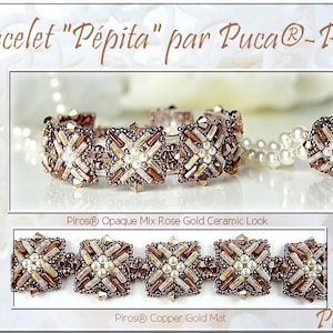May include: A close-up of a beaded bracelet with a copper and rose gold finish. The bracelet is made with small, square-shaped beads in shades of brown, beige, and white. The text "Bracelet "Pépita" par Puca®-Paris" is visible at the top of the image. The text "Piros® Opaque Mix Rose Gold Ceramic Look" is visible in the middle of the image. The text "Piros® Copper Gold Mat" is visible at the bottom of the image. The text "Puca®" is visible in the bottom right corner of the image.