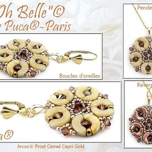 May include: A set of jewelry featuring a reversible pendant and earrings. The pendant and earrings are made with beige and brown beads and have a floral design. The text "Oh Belle" and "Puca® - Paris" is visible in the image.