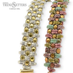 May include: Two beaded bracelets, one with silver and gold beads, and the other with multi-colored beads. The bracelets are both made with a woven pattern.