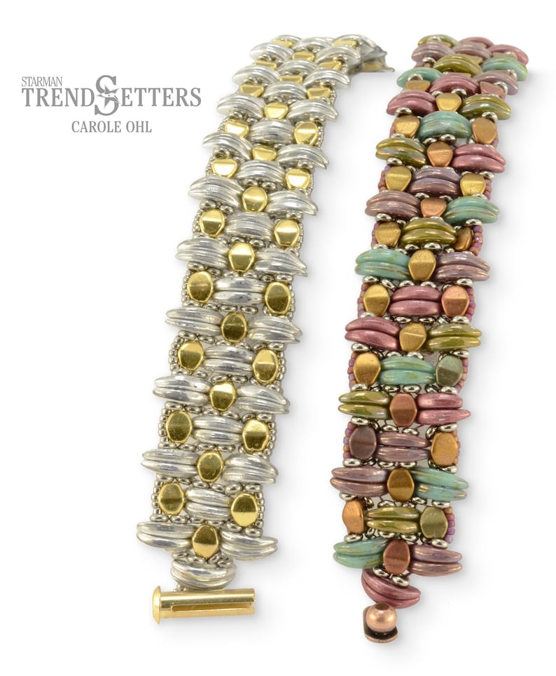 May include: Two beaded bracelets, one with silver and gold beads, and the other with multi-colored beads. The bracelets are both made with a woven pattern.