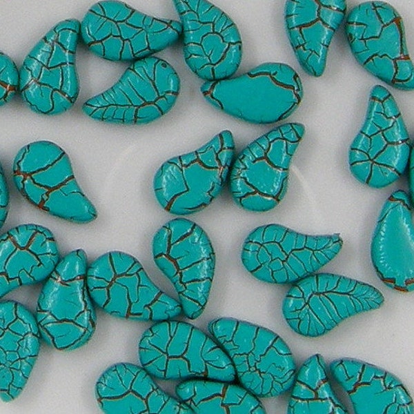 Paisley Duo Bead, Ionic Turquoise with Brown Crackle, 2 Hole Glass Beads, (02010-24614), 8x5mm, 30 count