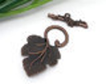 Antique Copper Finish Grape Leaf Toggle Clasp, (CLP-T-AC-4), 3 sets