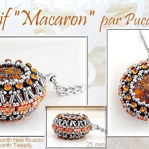 May include: A pendant necklace with a round, orange and silver beaded charm. The charm is 25 mm in diameter and features a textured, orange cabochon in the center. The necklace is made by Puca® and is called "Macaron".