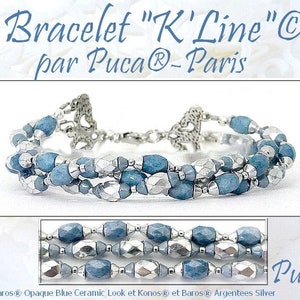 May include: A triple-strand bracelet featuring opaque blue ceramic beads and silver beads. The bracelet has a heart-shaped clasp and is labeled "Bracelet "K'Line" © par Puca®-Paris" and "Puca®".